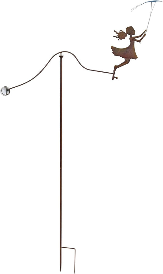 Metal Yard Balancer Garden Decorative Stakes 67", Rusty Treatment Iron Balancing Sculpture, Girl Flying Kite Balanced Stake, Present to Mother Sister Daughter as Park Lawn Patio Decor Art