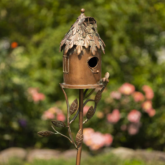 Copper Color Bird House Garden Stake with Ornate Style Roof (Cylinder House)