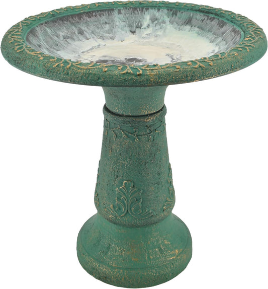 Arcadia Garden Products BB04 Fiberclay Bird Bath Outdoor Garden Decor, Antique Vintage Weather Resistant Water Bowl for Backyard and Patio and, 20-inch Tall, Green